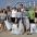 Volunteers take a break from a beach cleanup at the Santa Monica Pier